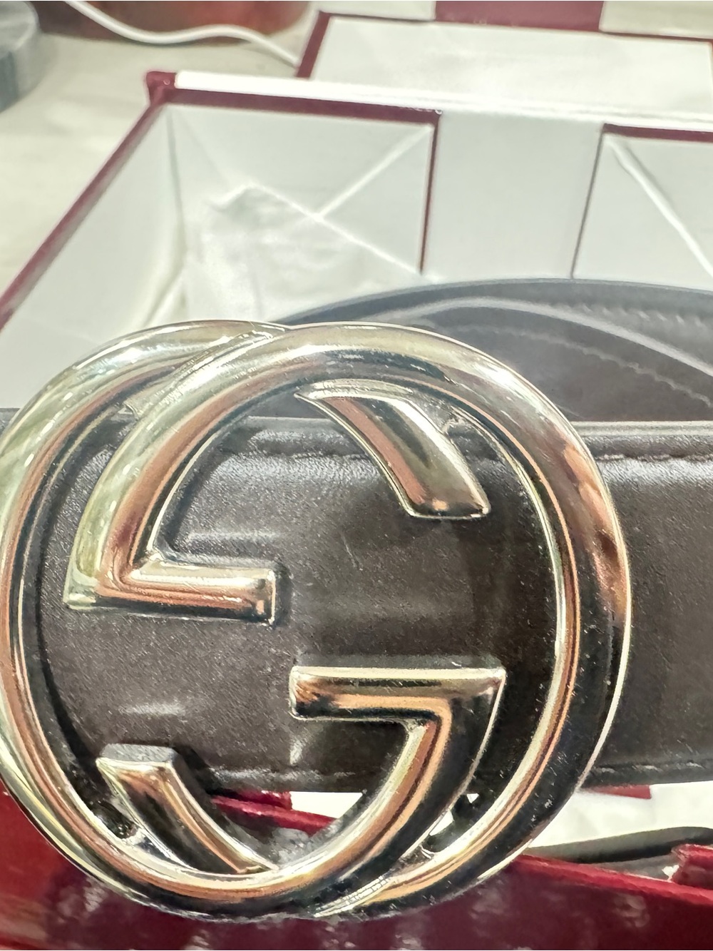 Gucci Black Leather Belt with Red & Green Web and Silver Double G Buckle - Picture 2 of 3